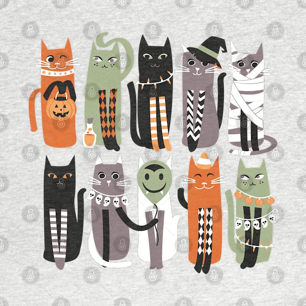 High Gothic Halloween Cats // print // green background orange brown sage green white and black kittens by SelmaCardoso